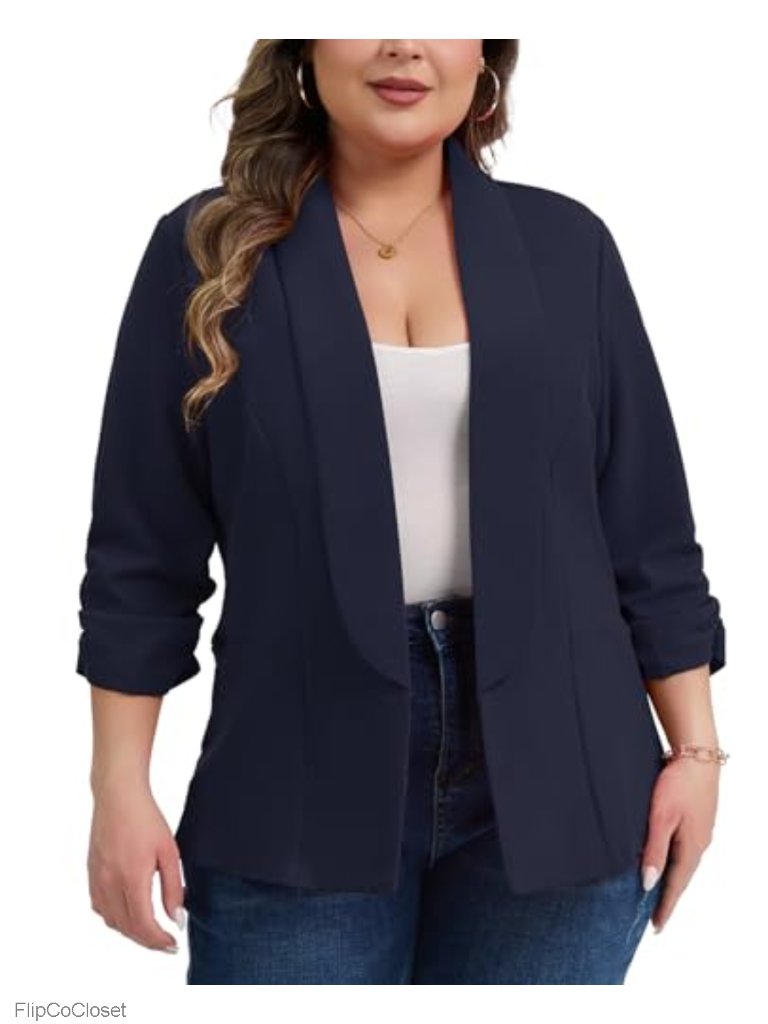 Plus Size Blazers For Curvy Women Ruched 3/4 Sleeve Jackets